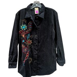 Anthony Original Black Corduroy Y2K Embroidered Boho‎ Button Down Shirt Size XS